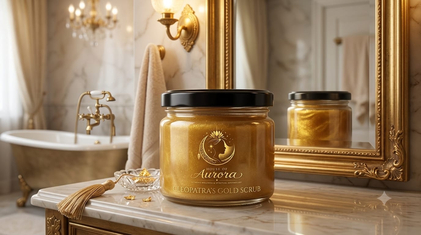 House of Aurora Cleopatra's Gold Scrub in a golden jar beside a bath