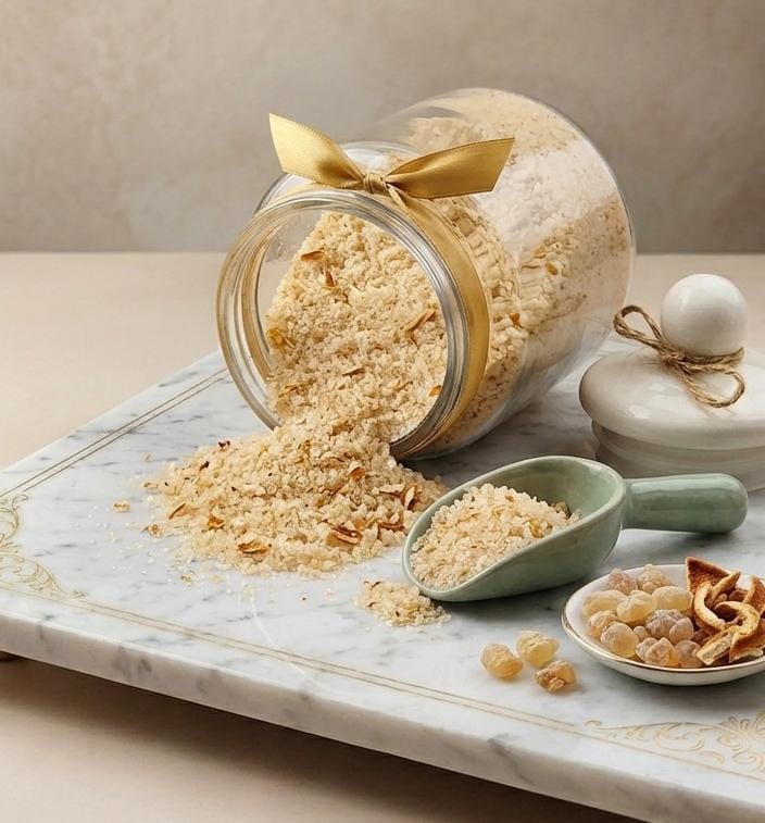 Frankincense Gold Bath salts spilling from a glass jar beside a ceramic scoop