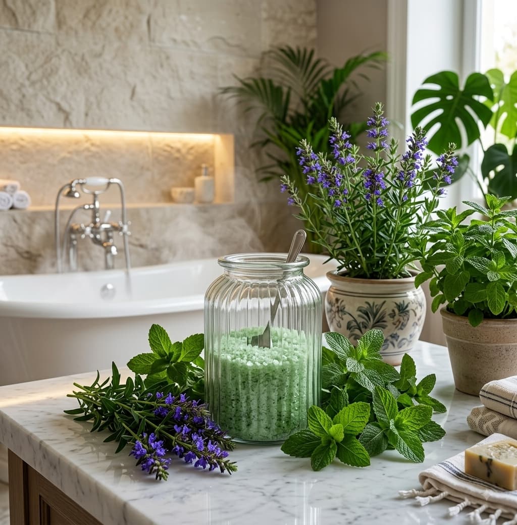 Hyssop mint bath salts with fresh mint and herbs beside a bath