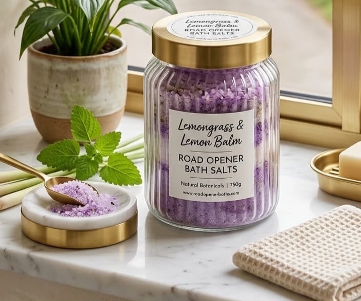 Lemongrass road opener bath salts beside an open window overlooking a road