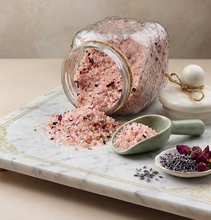 Pink rose and lavender bath salts spilling from a glass jar beside a ceramic scoop